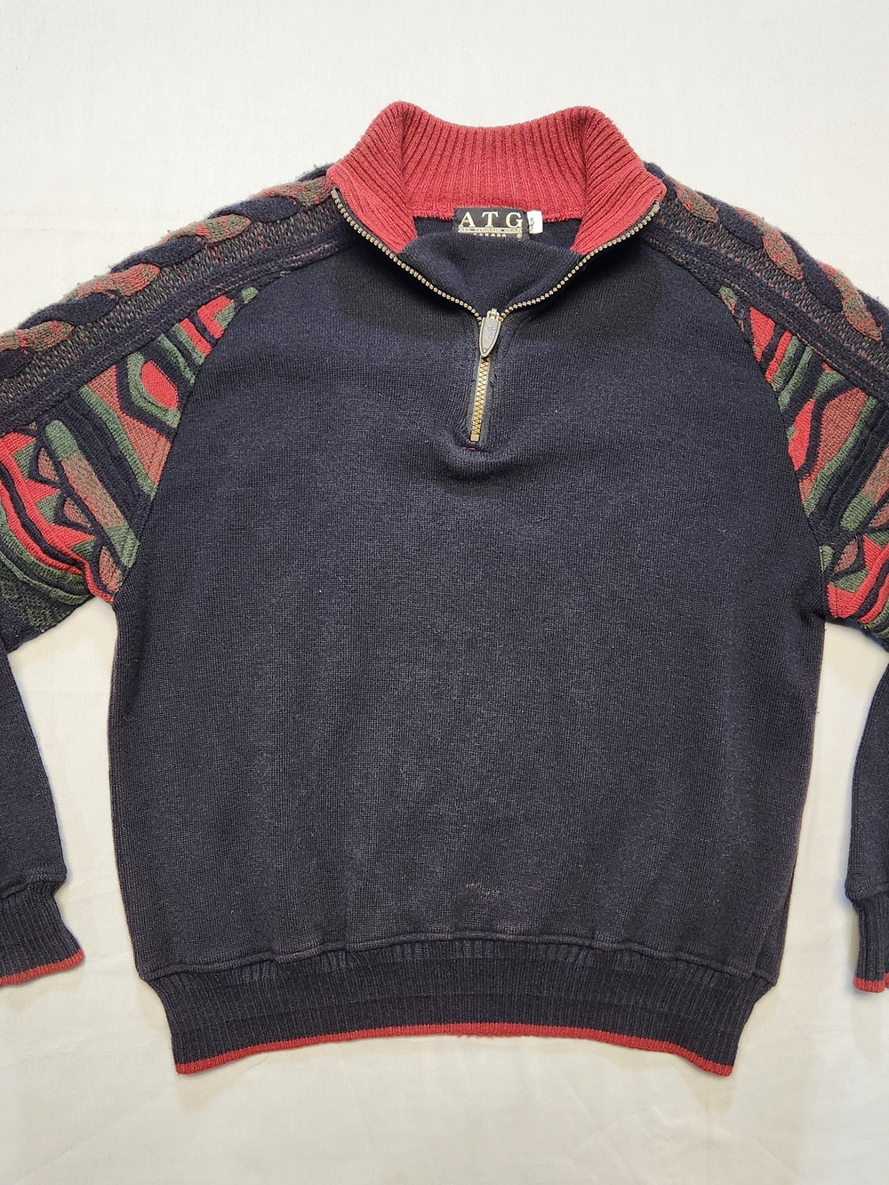 ATG All Terrain Gear 1/4 Zip Sweater Crochet 3D Knit Coogie Sleeves Men's S Y2K